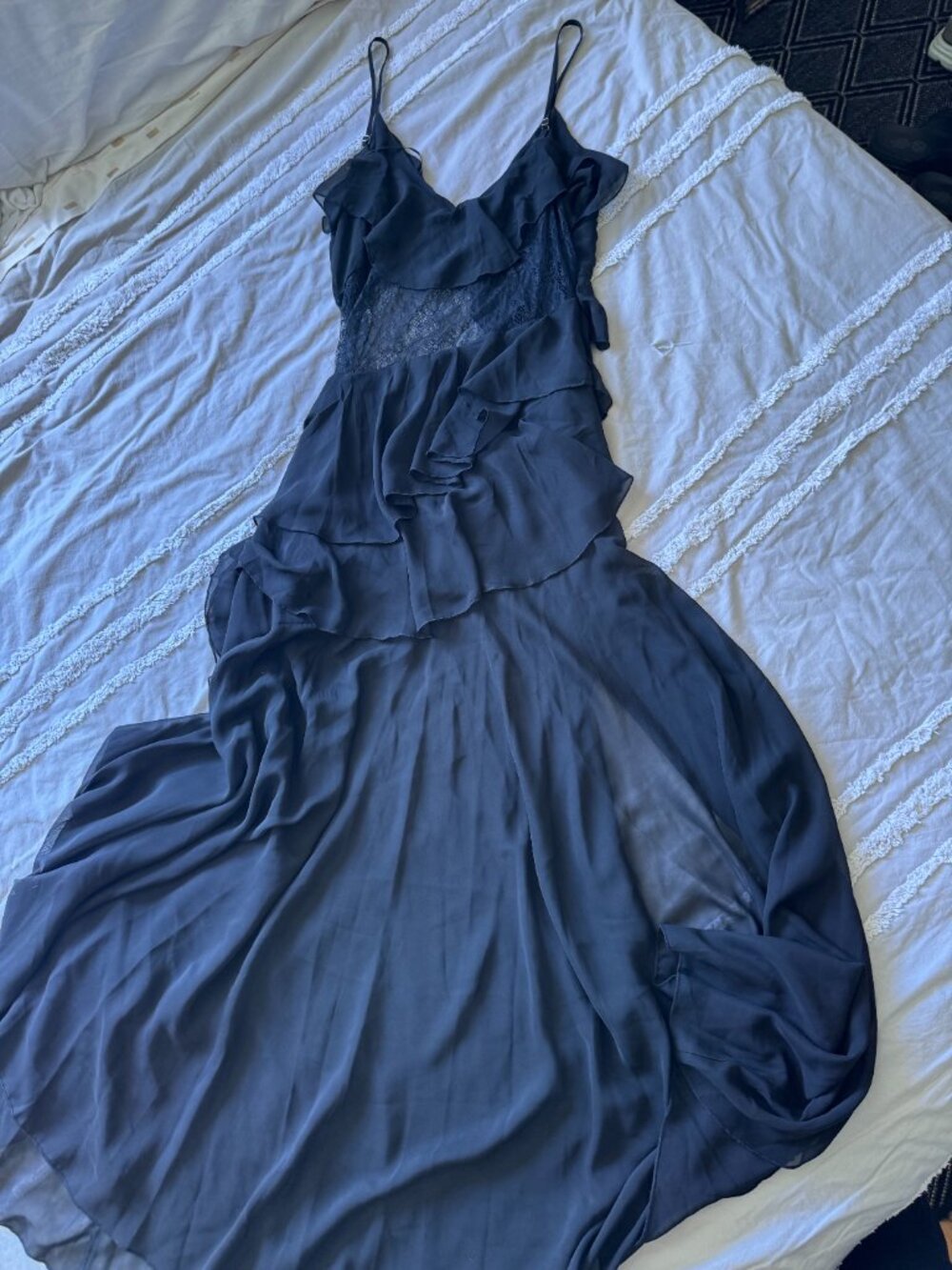 12th Tribe Nyx Black Lace Inset Ruffle Chiffon Maxi Dress Size Large L - Picture 4 of 8